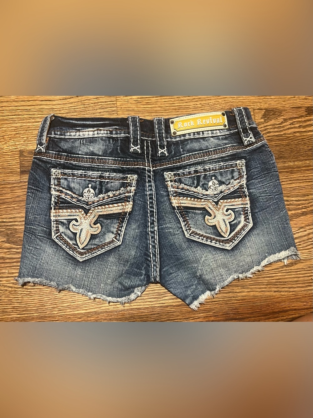 Rock Revival Embroidered Dark Blue Denim Cutoff Shorts